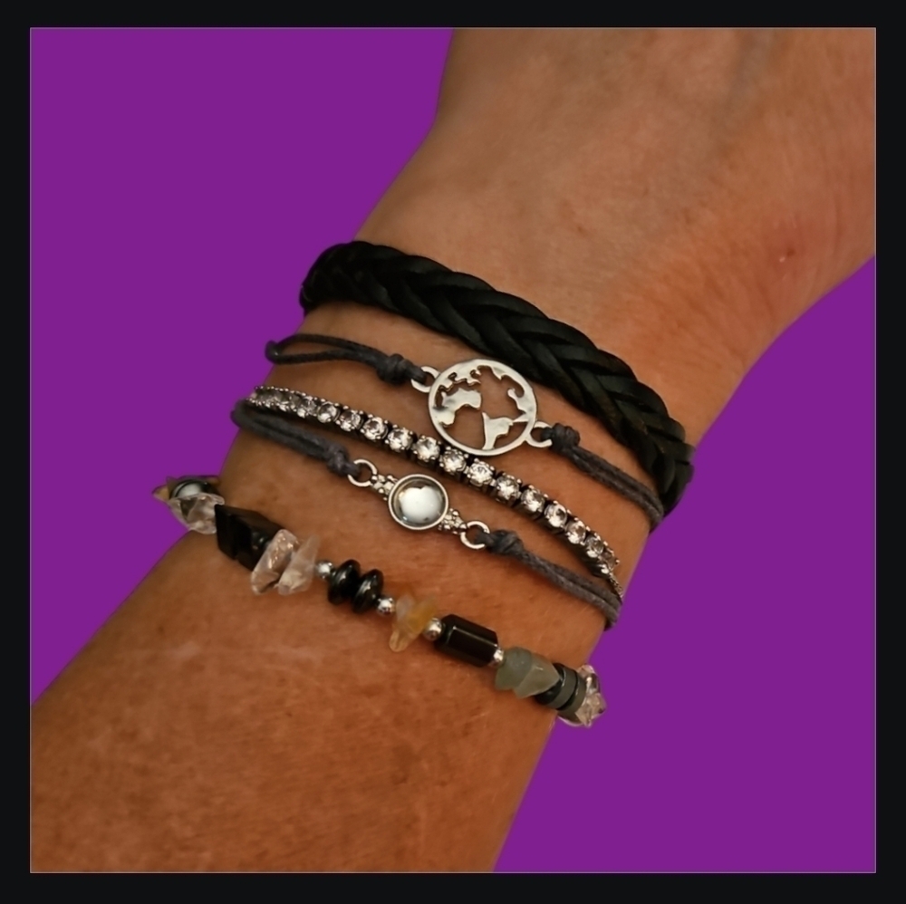 𝅺lot of Five Leather Braided Cord Rhinestone Gemstone Tennis Bracelets